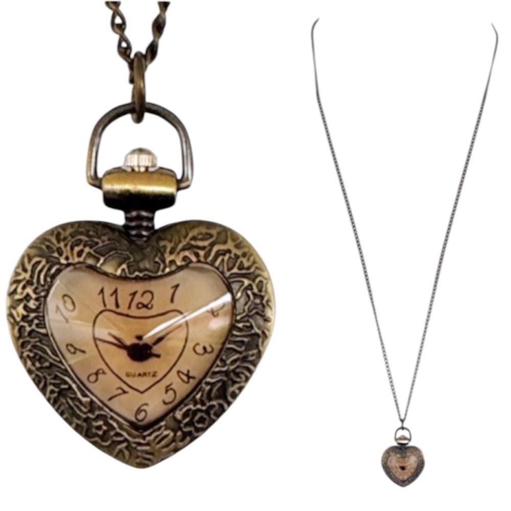 Bronze etched heart shaped watch long pendant necklace